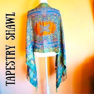 Bohemian Blue Green & Gold Tapestry Shawl